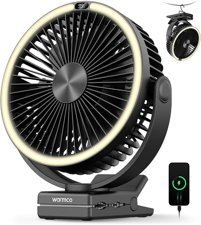 Warmco 15000mAh Clip on Fan with LED Light for Camping and Golf Car | 12-30H Runtime, 300H+ Light... | Amazon (US)