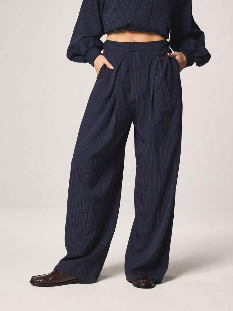MISSGUIDED Women Pinstripe High Rise Wide Leg Dress Pants With Pleated Details And Side Pockets For Office Professional Work Winter Spring | SHEIN