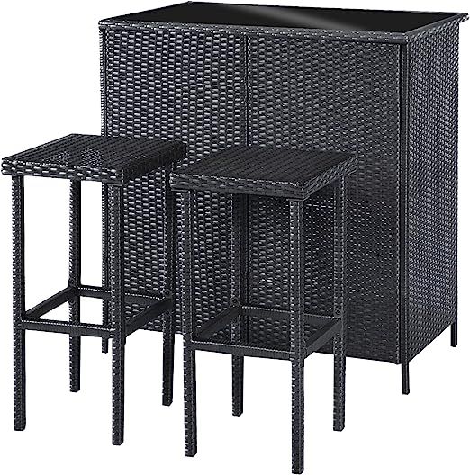 MCombo Patio Bar Set,Wicker Outdoor Table and 2 Stools,3 Piece Patio Furniture with Storage for P... | Amazon (US)