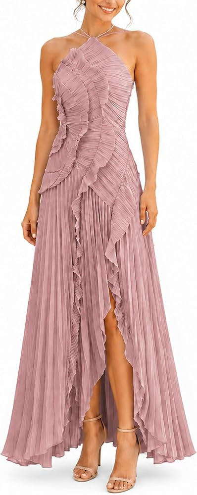 Women's Halter Neck Ruffled Pleated Maxi Dress, Sleeveless Chiffon Asymmetric Hem Cocktail Evenin... | Amazon (US)