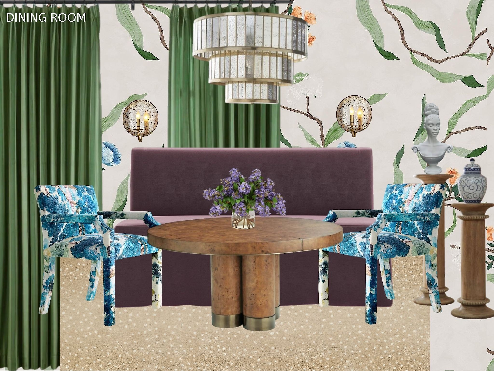 Traditional blue/green/purple dining room with mirrored chandelier and floral wallpaper 

#LTKHome #LTKStyleTip