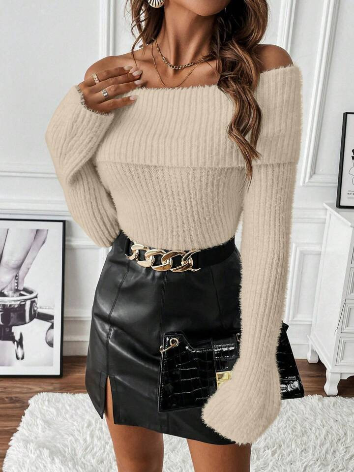 SHEIN Essnce Off-Shoulder Long Sleeve Sweater | SHEIN