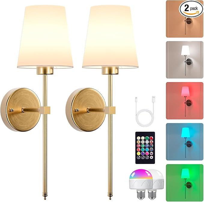 Battery Operated Wall Sconces Set of 2, Remote Control Wireless Wall Light with Rechargable Bulbs... | Amazon (US)