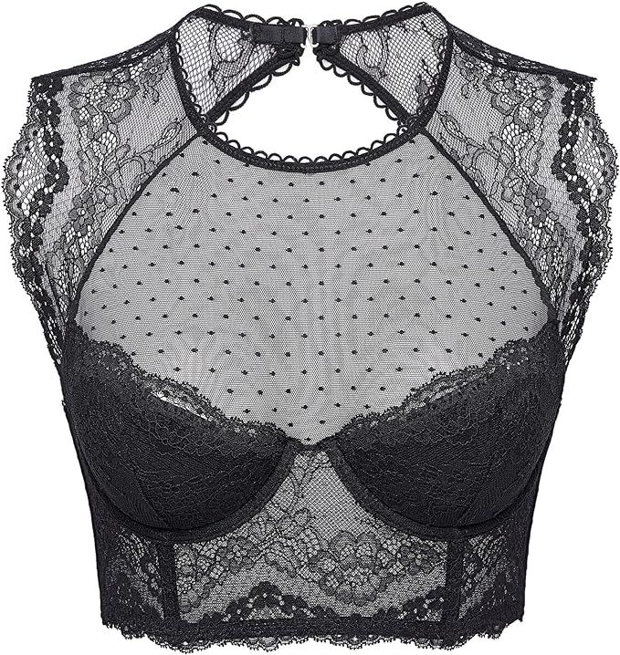 DOBREVA Women's Lace Corset Top Sexy Bralette Bustier Bra Underwire Plus Size Crop Top | Amazon (US)