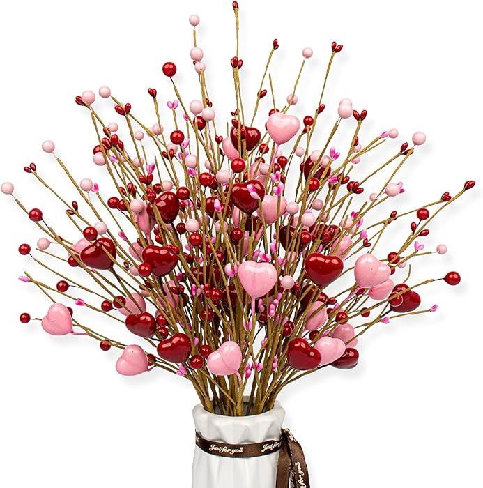 JINGHONG Pink Heart Decorations 24 Pack Red Heart Picks 17 Inch Pink Red Berry Stems for Wedding ... | Amazon (US)