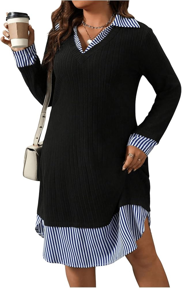 SOLY HUX Women's Plus Size Striped Shirt Dress Collar V Neck Long Sleeve 2 in 1 Midi Dresses | Amazon (US)