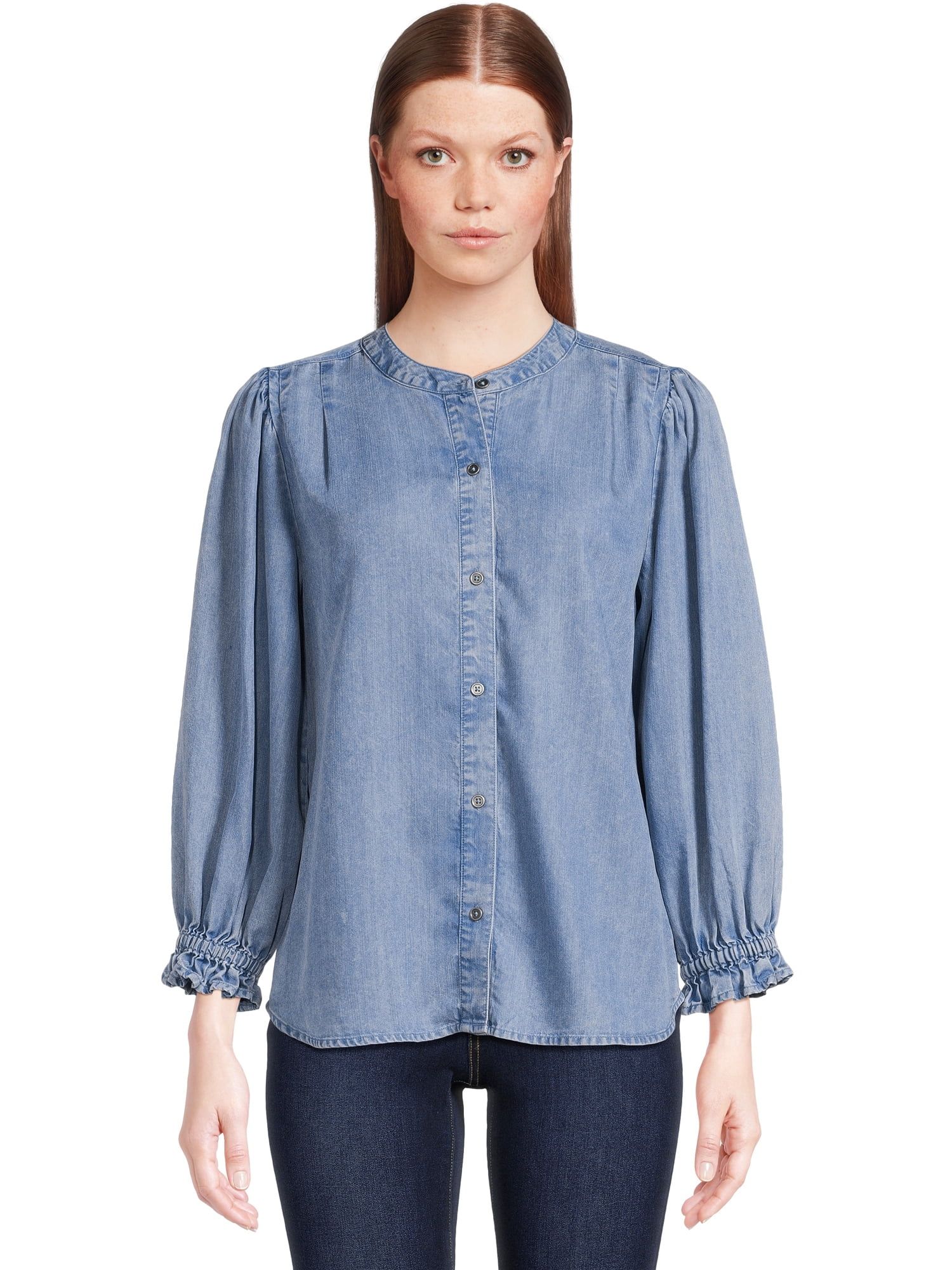 Time and Tru Women’s Acid-Washed Top with Puff Sleeves, Sizes XS-3XL - Walmart.com | Walmart (US)