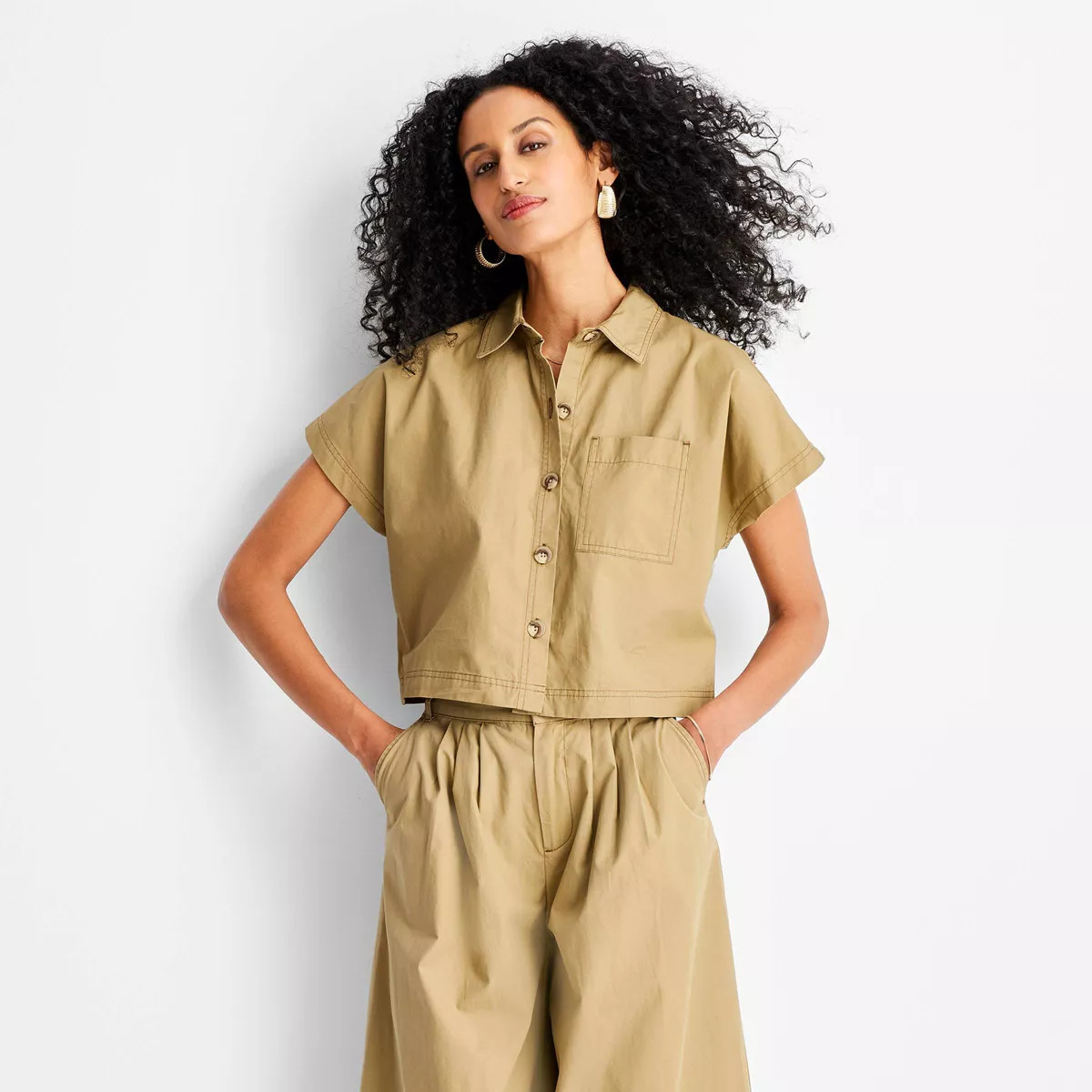 Women's Cap Sleeve V-Neck Button-Down Shirt - Future Collective Khaki M | Target