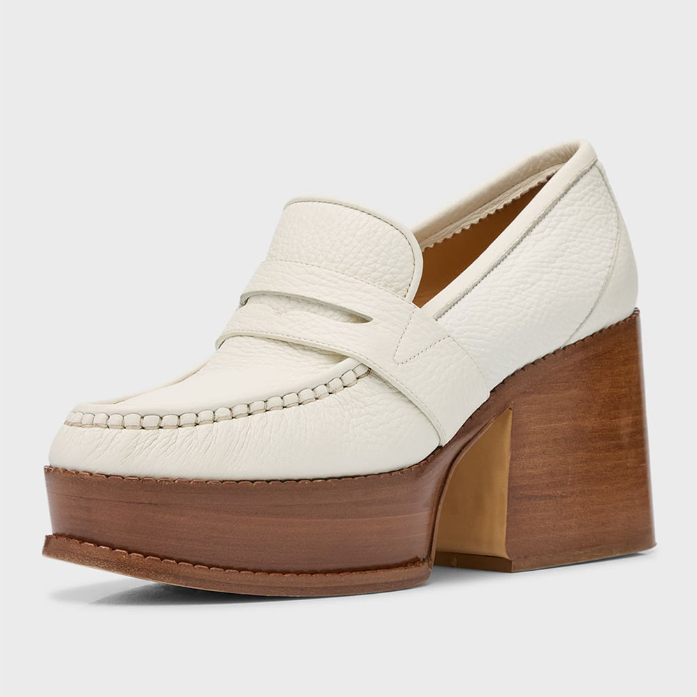 Beige Round Toe Chunky Heel Platform Penny Loafers for Women | FSJshoes.com