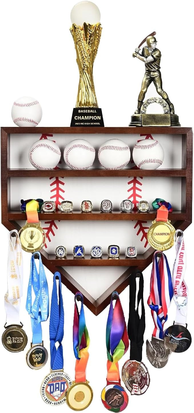 Baseball Ring Display Case - 17" Wooden Baseball Ring Holder, Wall Mount Baseball Case Display fo... | Amazon (US)