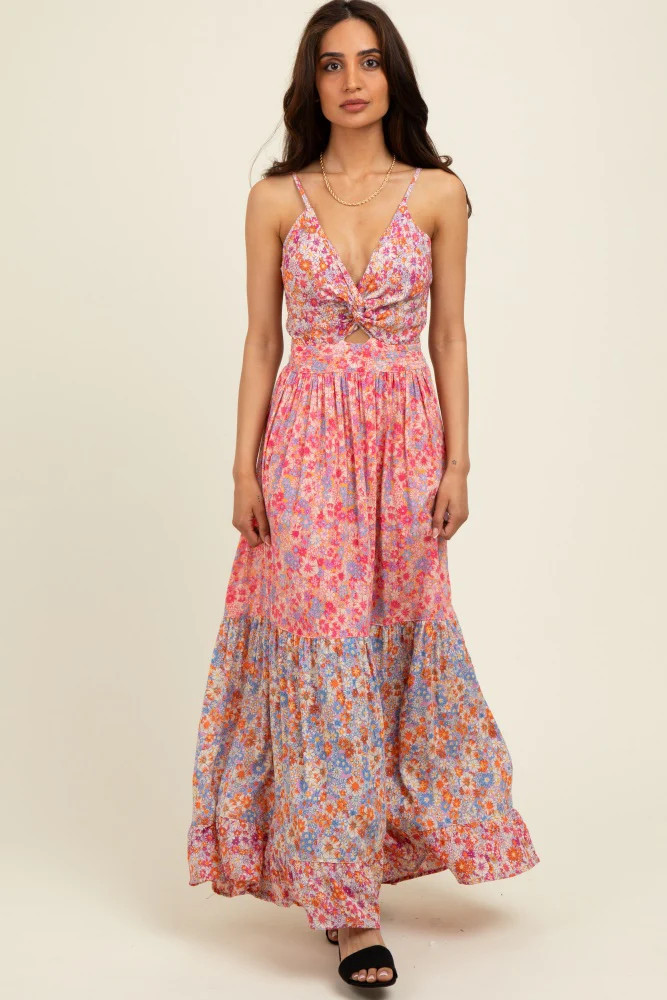 Pink Floral Twist Front Cut Out Tiered Maxi Dress | PinkBlush Maternity