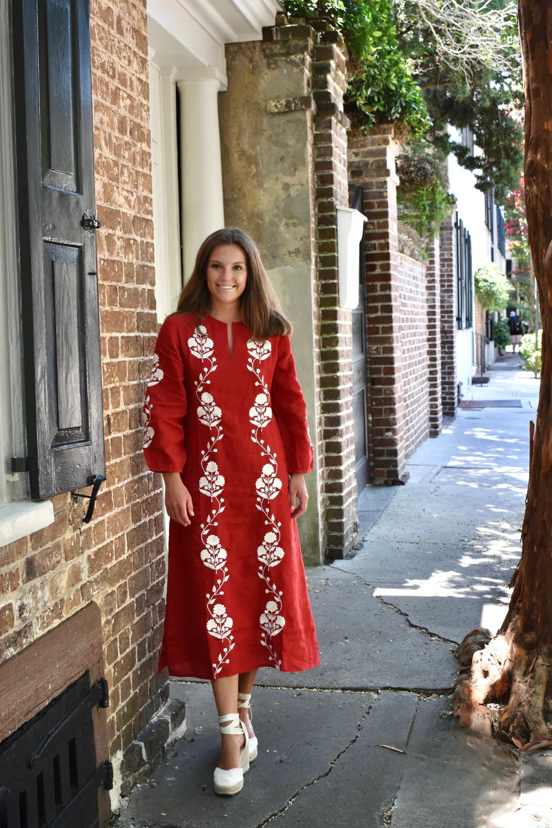 Sara Maxi Dress Long Sleeve Red Linen | Madison Mathews