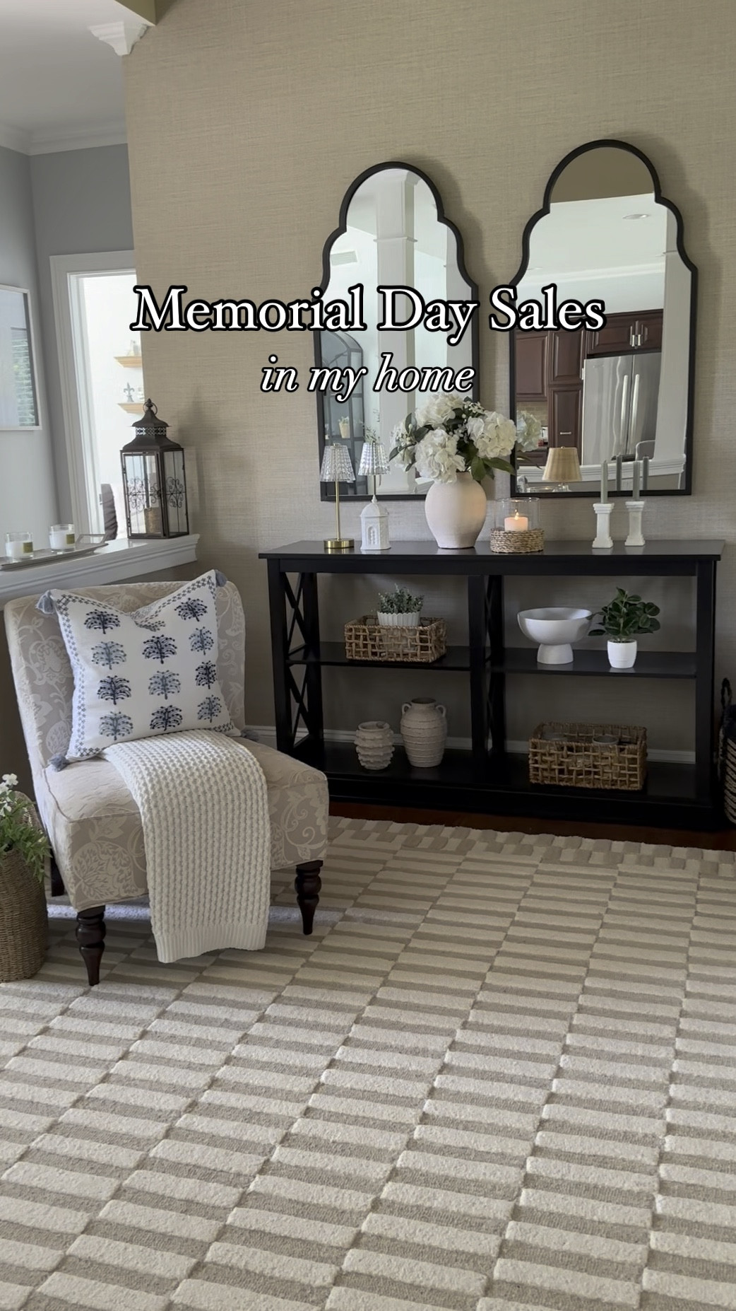 Shop Memorial Day sales from my home! Shop best selling neutral area rug, Mediterranean candle, ships free, textured vases, marble candleholders, console table, wreath, new coastal hurricane candleholder, throw blanket. 

#LTKVideo #LTKHome #LTKSaleAlert