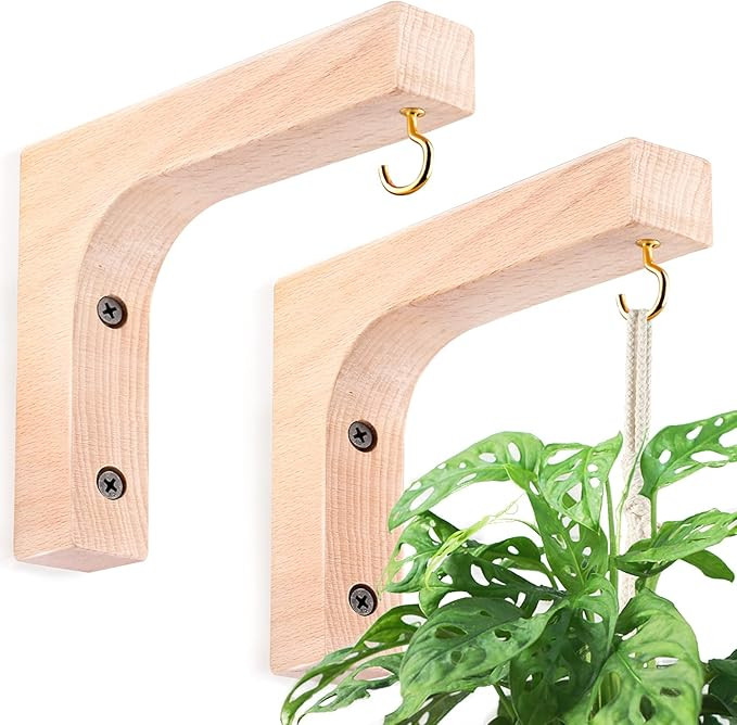 Jantens 2 Pack Hanging Plant Hook, Plant Hangers Indoor, Wooden Hanging Basket Hooks for Indoor F... | Amazon (US)