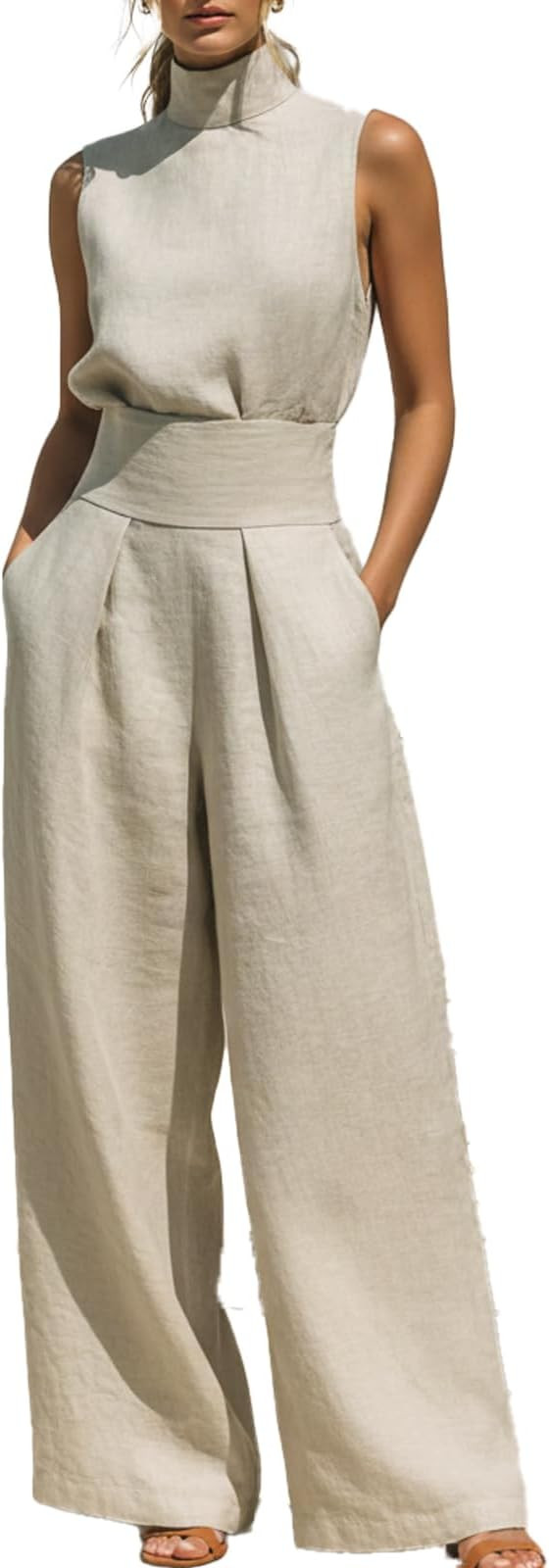 Women's Khaki Cotton and Linen Blend Sleeveless Blouse and Wide-Leg Pants Set Minimalist Daily Tr... | Amazon (US)