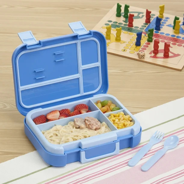 Your Zone Back to School Plastic Bento Box with 4 Compartments, 1 Fork and 1 Spoon, Blue | Walmart (US)