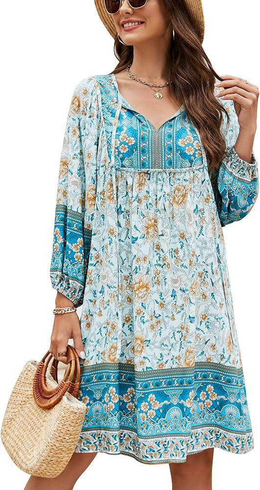 Bluetime Women Casual Summer Dress Boho V Neck 3/4 Sleeve Babydoll Floral Print Flowy Beach Dress | Amazon (US)