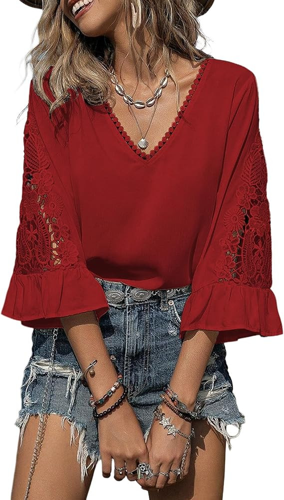 SHEWIN Womens Blouses V Neck T Shirts Pullover 3/4 Length Sleeve Tops Business Casual Spring Outf... | Amazon (US)