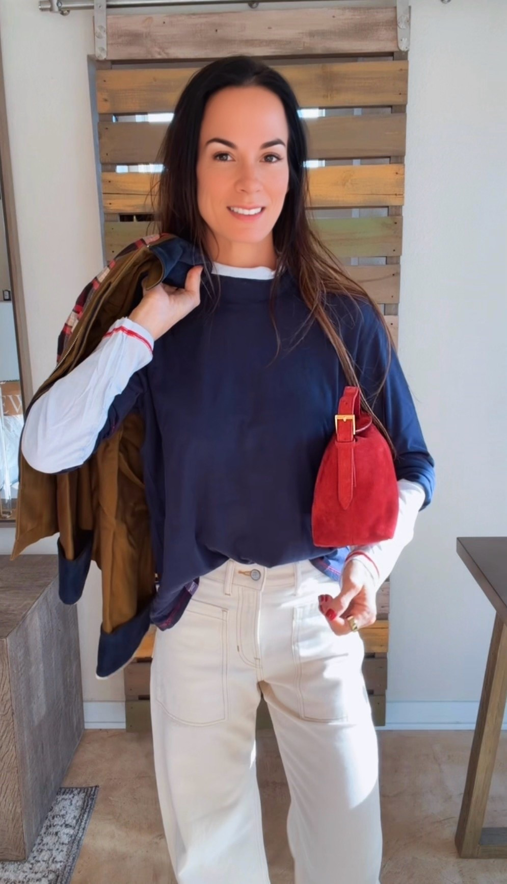 My J.Crew fall edit 🤎 Cream wide-leg jeans styled with navy tops, easy layers, a contrast-collar barn jacket, and cutout flats. A red bag brings it all together. Wear the lighter look now and add the jacket when the weather cooperates!

#LTKStyleTip #LTKSeasonal