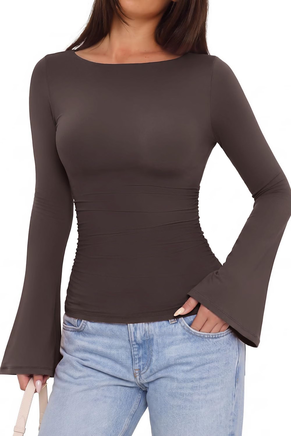 SUUKSESS Women Crew Neck Bell Sleeve Tops Double Lined Going Out Fitted Basic T Shirts | Amazon (US)