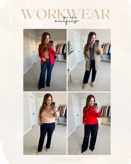 Workwear outfits 

Top left: Blazer I size down for a more fitted look, M // Top tts, L // Jeans wearing 17 need 15 for size 32
Top right: Blouse tts, L // Pants size up if in-between because these run small, L 
Bottom left: Sweater tts, L // Pants size up 14 short 
Bottom right: Top tts, L // Pants tts but run a bit long

Workwear  Workwear outfits  Workwear styles  Office outfit  Blazer  Mock neck  Cardigan  Blouse  Pants  

#LTKstyletip #LTKworkwear #LTKmidsize