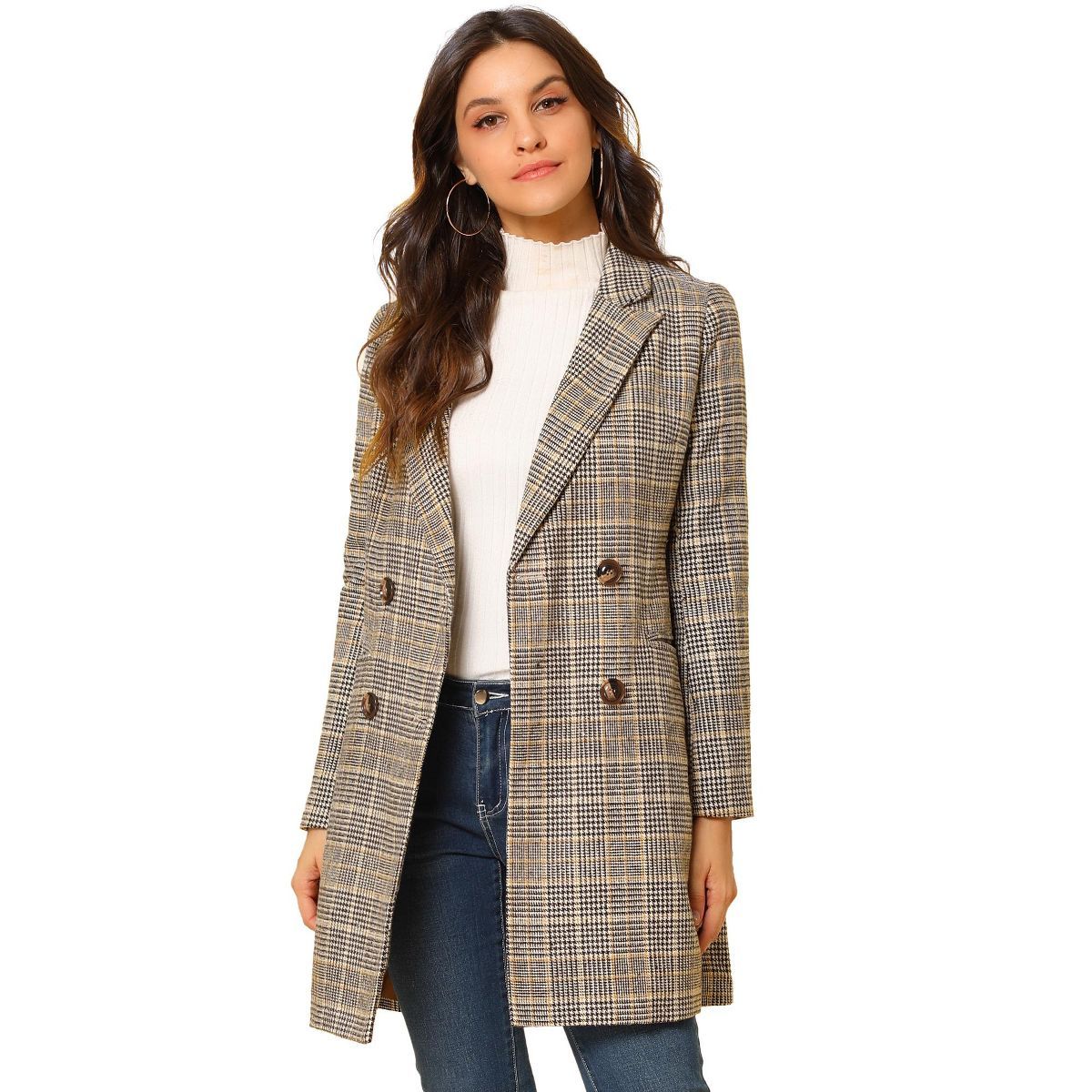 Allegra K Women's Double Breasted Jacket Notched Lapel Plaid Overcoat with Pockets | Target