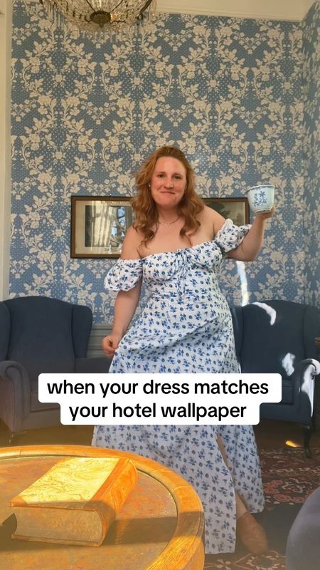 bridgerton has me feral and all I wanna do is wear pretty dresses and look for carriages. Matched the wallpaper in my Sweden hotel. #dress #regency #milkmaid #floraldress #amazonfinds #sweden #bridgerton 

#LTKPlusSize #LTKTravel #LTKMidsize