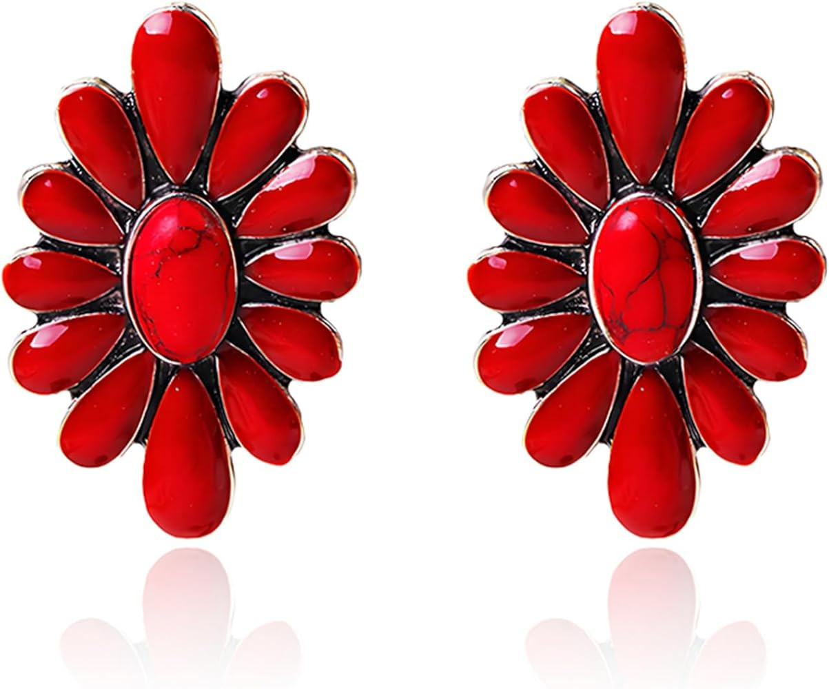 Bohemian Western Natural Turquoise Geometric Flower Drop Dangle Earrings Statement Cowgirl Ethnic... | Amazon (US)