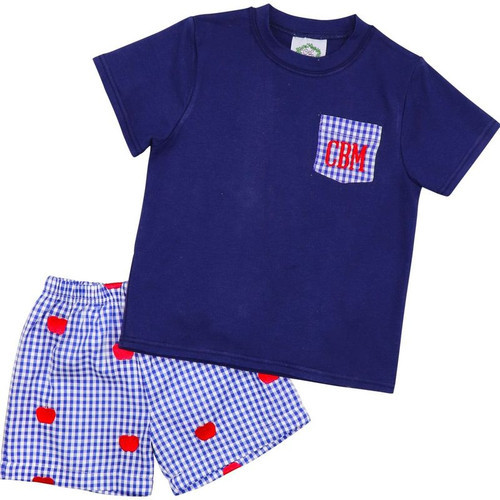 Navy And Red Embroidered Apple Pocket Short Set | Cecil and Lou
