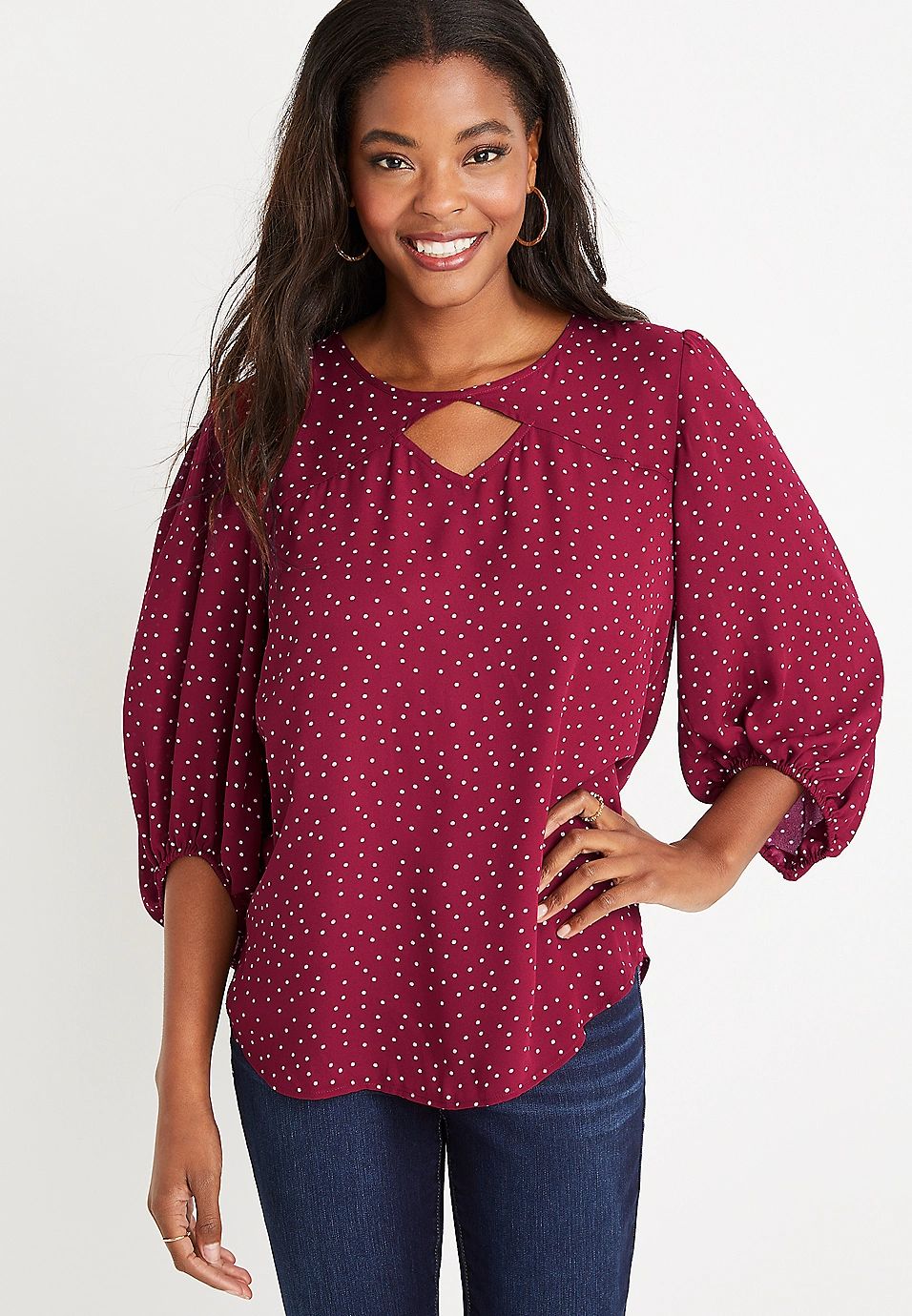 Red Polka Dot Cut Out Blouse | Maurices