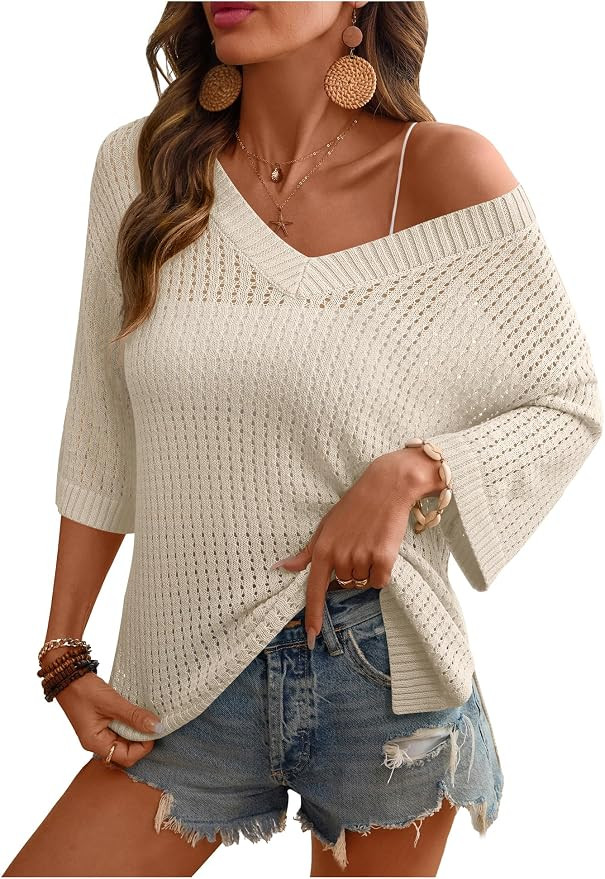 Rapbin Women's Crochet V Neck Beach Cover Up 3/4 Sleeve Hollow Out Knitted Pullover Sweater | Amazon (US)