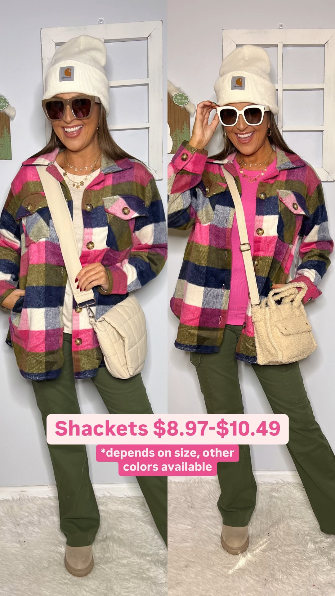 ⭐️10% off sunglasses - use code: SJLINZ30A
⭐️⭐️all items come in other colors

Pink Plaid Shacket: S
Neutral Long Sleeve Tee: S
Pink Long Sleeve Tee: S (not online yet)
Green Jeans: 4 Regular (also come in blue)

Winter outfit, winter fashion, Walmart deals, Walmart clearance 

#LTKFindsUnder50 #LTKSeasonal #LTKStyleTip