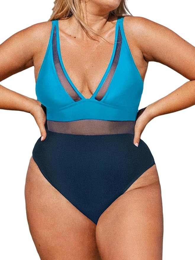 CUPSHE Women Plus Size One Piece Swimsuit V Neck Mesh Sheer Tummy Control Bathing Suit with Adjus... | Amazon (US)
