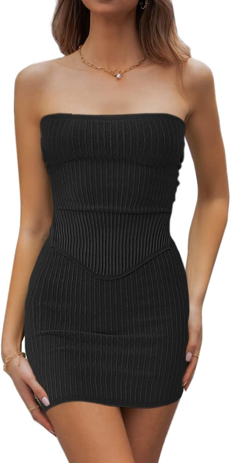 CHYRII Womens Sexy Summer Two Piece Outfits Bandeau Going Out Crop Tops Bodycon Skirt Sets Mini Dres | Amazon (US)