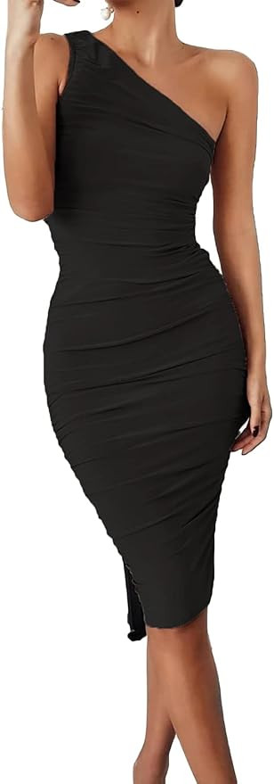 GEMEIQ Women’s Ruched One Shoulder Bodycon Midi Dress Sexy Sleeveless Cocktail Party Pencil Dre... | Amazon (US)