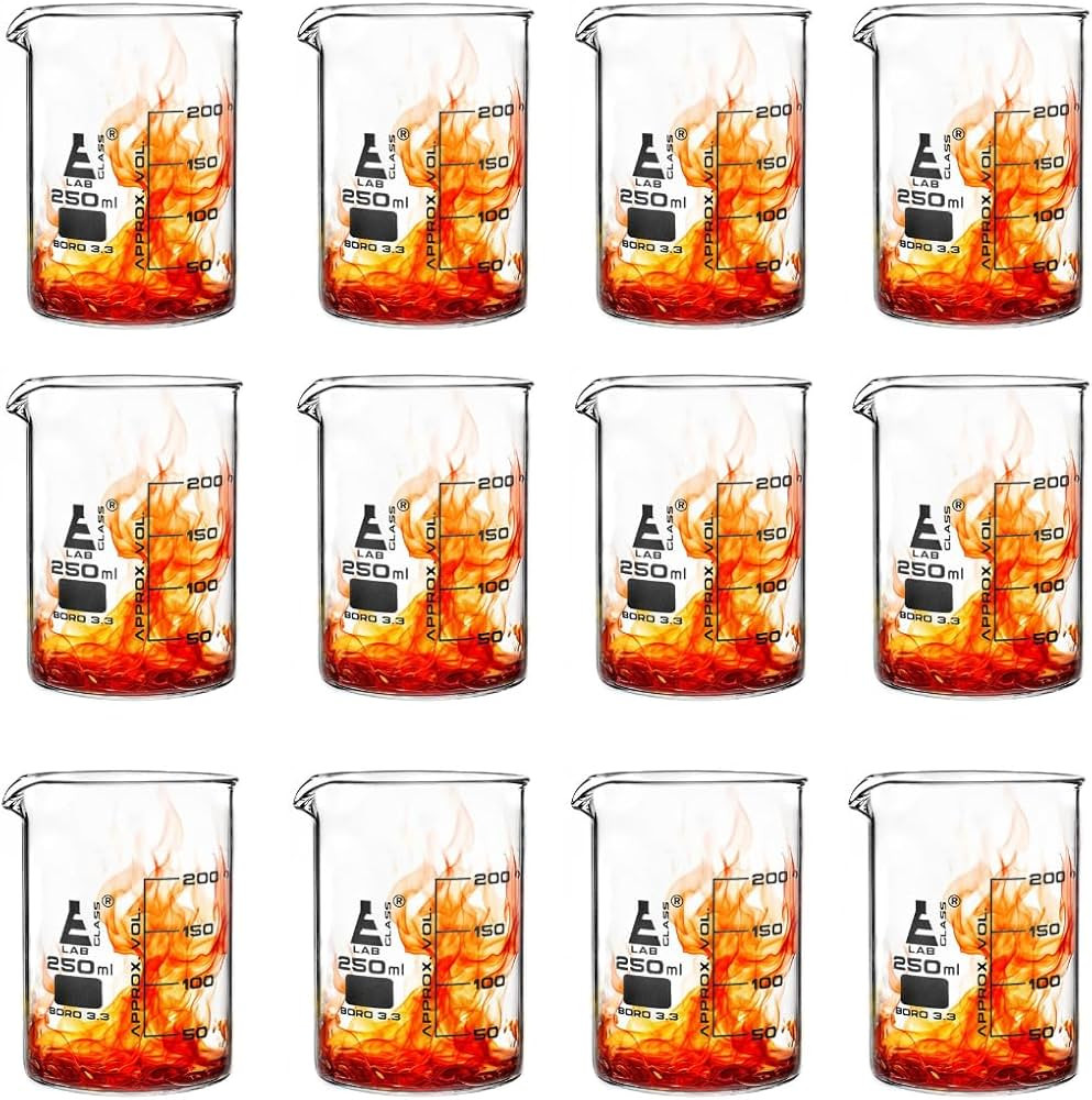 Premium 250 mL Beakers, Pack of 12 - Low Form Griffin - 50mL Graduations - Borosilicate Glass - E... | Amazon (US)