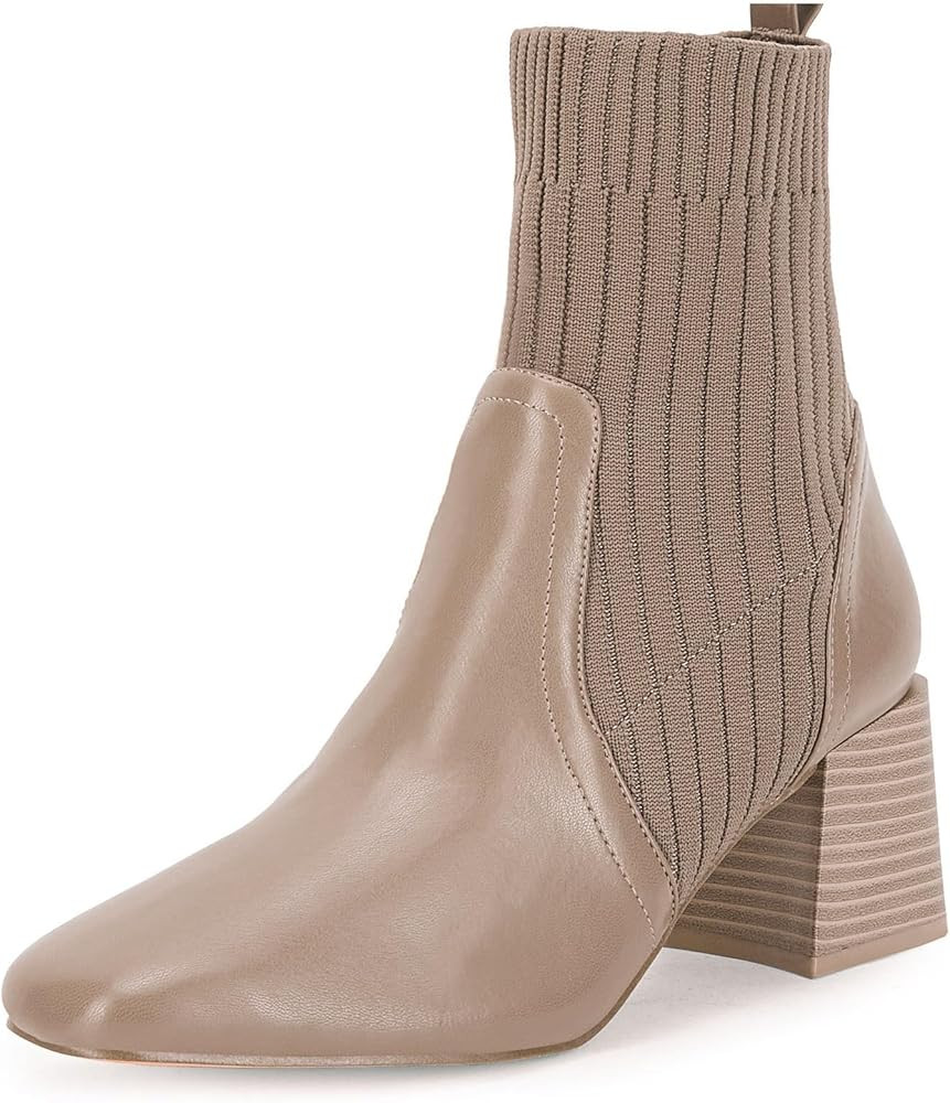 Coutgo Women's Chunky Heel Ankle Boots Square Toe Slip On Sock Booties Elastic Chelsea Boot | Amazon (US)