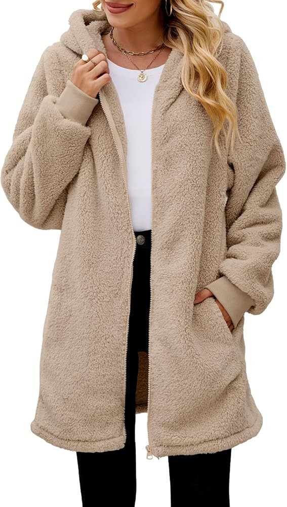 ReachMe Womens Fleece Zip Up Jacket with Pockets Oversized Long Sherpa Hoodie Fuzzy Jackets Warm ... | Amazon (US)