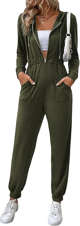 OYOANGLE Women's Long Sleeve Zip Up Drawstring Hooded Jumpsuit Pants Romper with Pockets | Amazon (US)