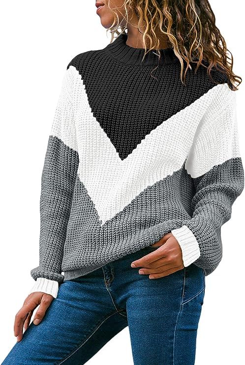 Acelitt Women's Oversized Color Block Long Sleeve Round Neck Knitted Sweater Jumper(7 Color,S-XXL... | Amazon (US)