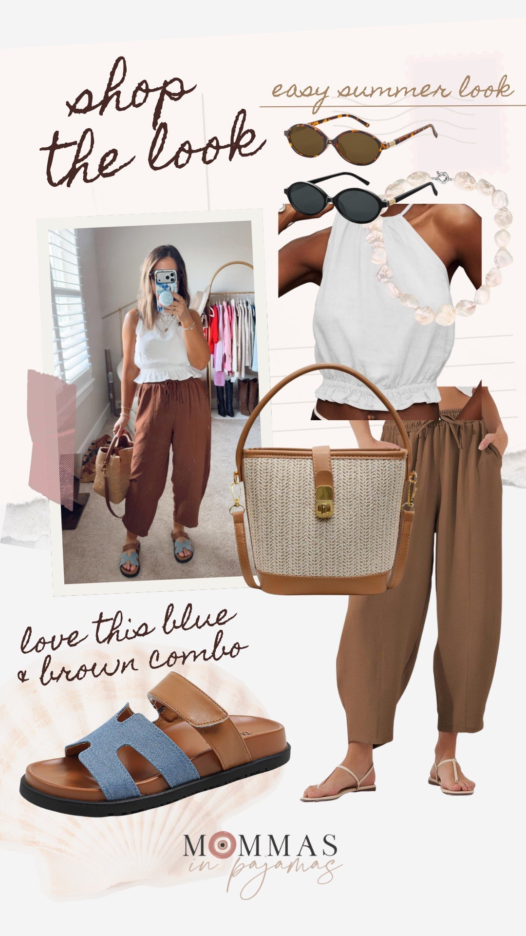 Brown and blue may be the most underrated color combo for warm weather. I seriously cannot freaking get over how cute these sandals are and how adorable they look with this white top and petite friendly spring pants. I will be wearing looks similar to this all season long. 
For reference, I’m wearing a medium in pants and a small in the top and am 5’. 
Casual spring outfit, brown and white outfit indoors, neutral spring bag

#LTKMidsize #LTKPetite #LTKSeasonal