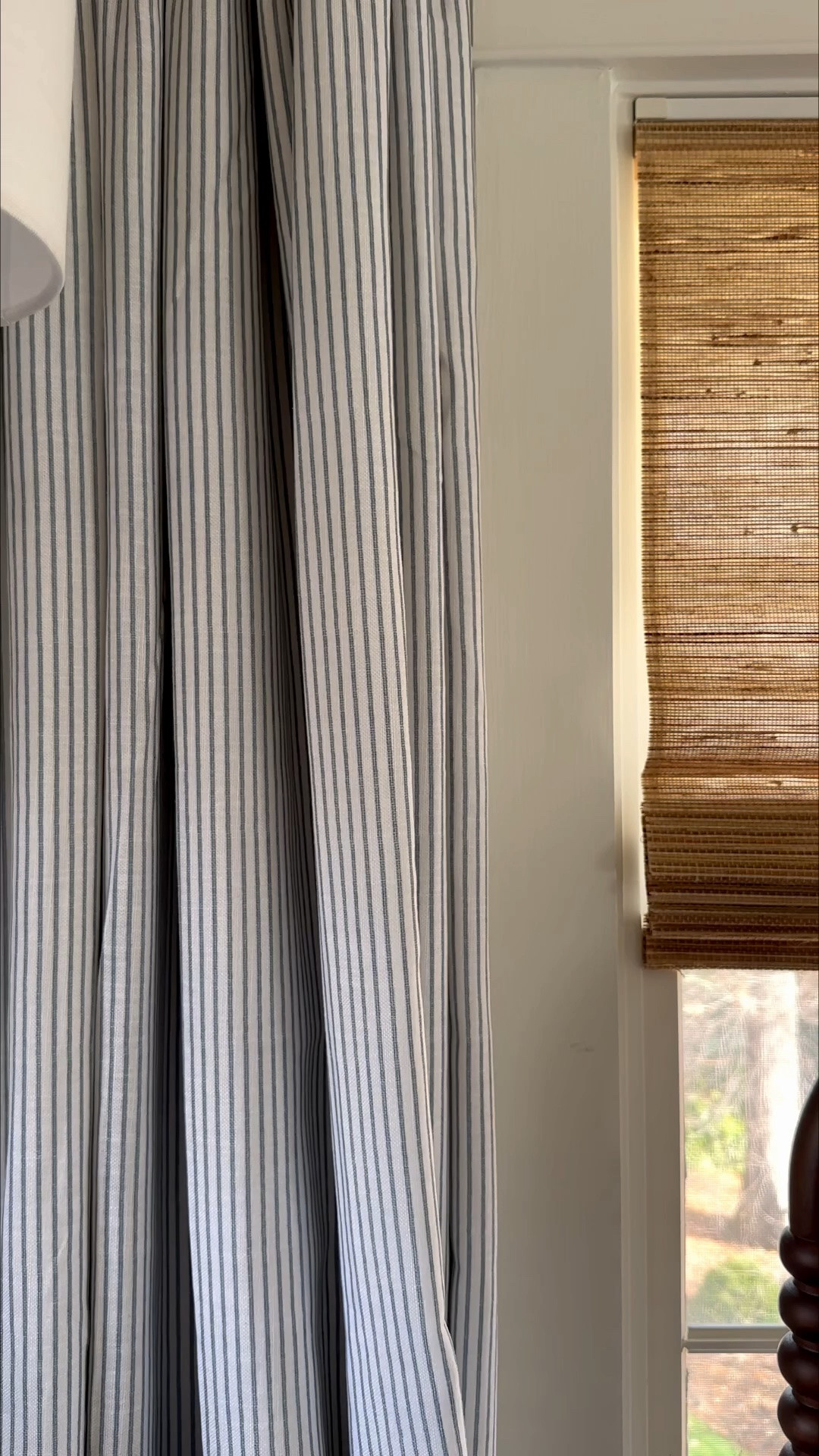 I was just telling a client that a stripe is a safe, timeless edge brought to a space. This is such a winning combo, too! The he timeless stripe and woven shade (with blackout options, might I add!) give that highly designed feel, for low effort. They are currently part of the up to 60% off sitewide sale with code MEG 🤍 Comment SHOP for links to both! 

#classichomedecor #windowtreatment #traditionalhome #primarybedroom #coastalcottage