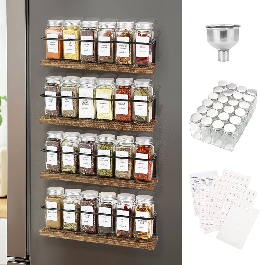 KitHero Magnetic Spice Rack with 24 Jars, 216 Labels, 1 Steel Funnel for Refrigerator，Microwave... | Amazon (US)