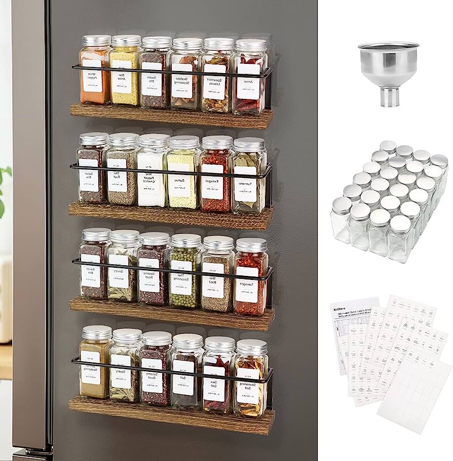 KitHero Magnetic Spice Rack Organizer with 24 Jars, 216 Labels, 1 Steel Funnel for Refrigerator... | Amazon (US)