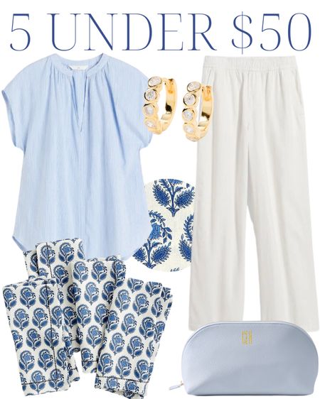 White pants, linen, summer outfit, blue and white, block print, hostess gift, Mother’s Day gift, gold diamond hoop earrings, travel outfit, vacation outfit, beach style, coastal grandmother, coastal style, grandmillenial style, casual style, affordable style, maternity 

#LTKSeasonal #LTKstyletip #LTKunder50