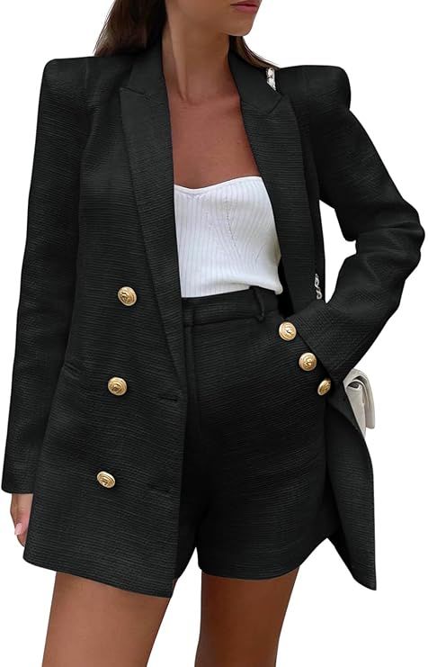 Cicy Bell Womens 2 Piece Tweed Blazer Shorts Sets Long Sleeve Double Breasted Suit Jackets Busine... | Amazon (US)