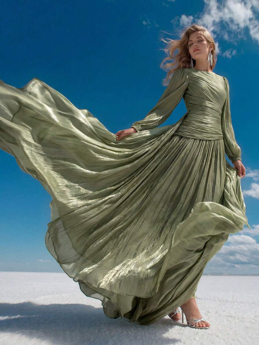 Anewsta Women Sage Green Long Sleeve Pleated Waist Shiny Dress, Elegant And Versatile Day Party A... | SHEIN