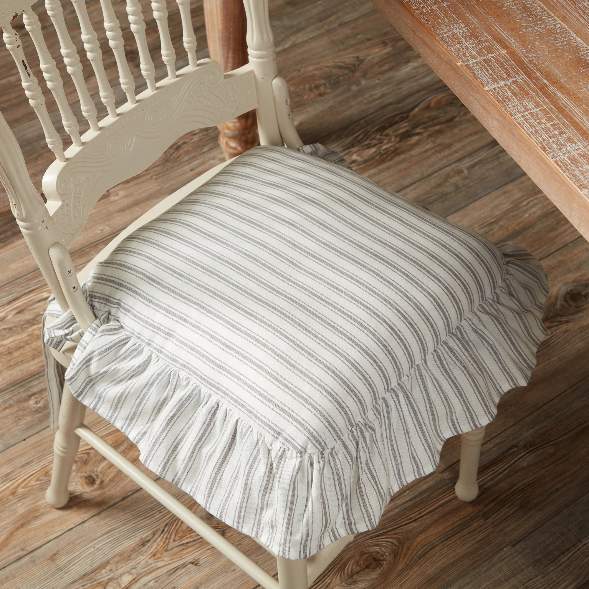 Timeless Ticking Gray Ruffled Chair Pad | Wayfair North America