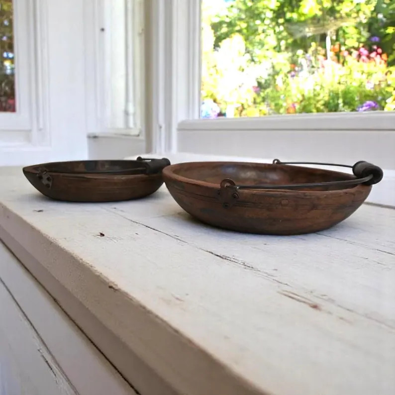 Vintage Wooden Bowl Set: Rustic Farmhouse Decor With Iron Handles - Etsy | Etsy (US)