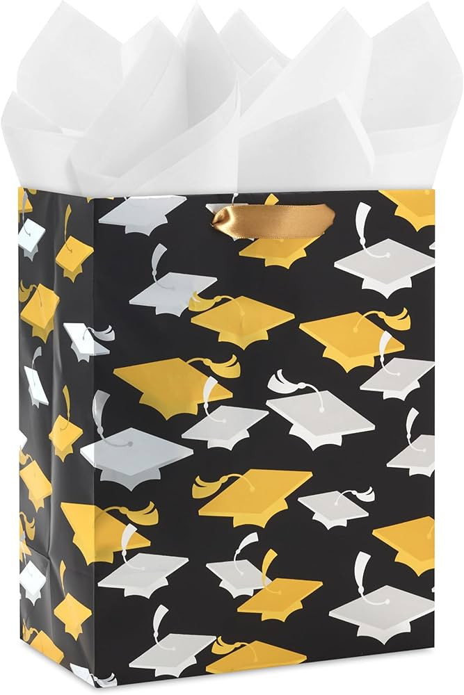 Hallmark 9" Medium Graduation Gift Bag with Tissue Paper (Gold and Silver Mortarboards on Black) ... | Amazon (US)